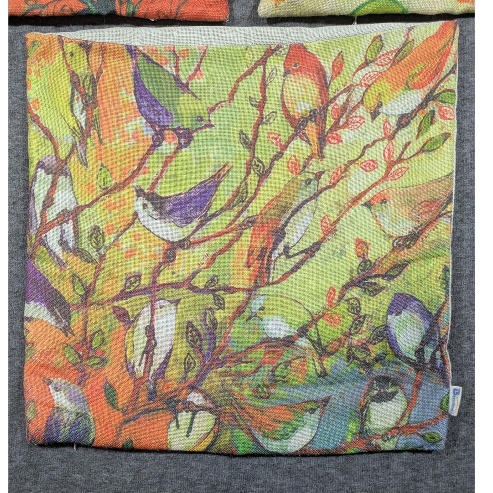 Set of 3 Throw Pillow Covers Burlap Birds Coloful 17"x17" Zipper Closing - Picture 3 of 8
